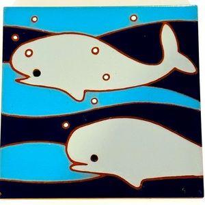 Vintage Dolphins Tile Hand Painted Ceramic Art Wall Trivet 6”